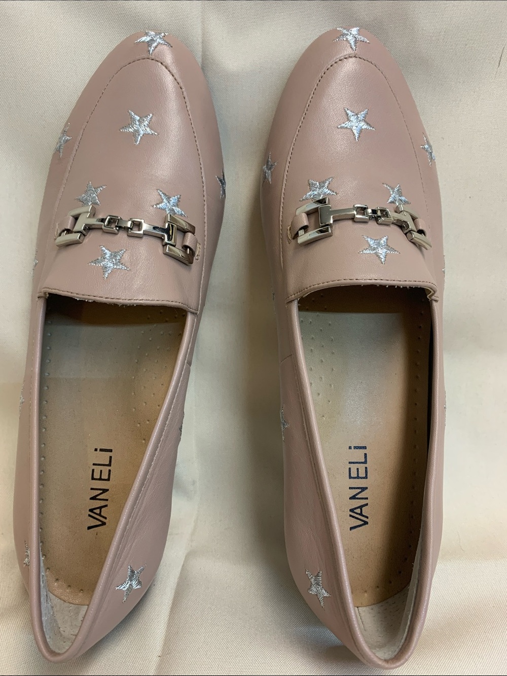 Vaneli Blush Pink Leather Star-Embellished Loafers with Silver Bit
